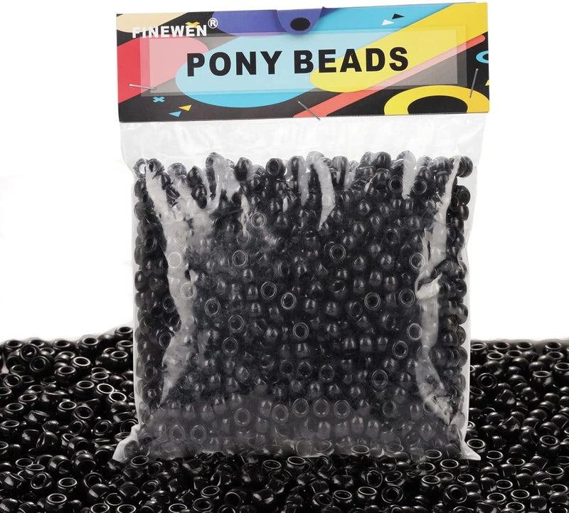 FINEWEN Black Pony Beads(1200Pcs 6x9mm) Hair Beads,Pony Beads Bulk,Beads for Bracelets Making,Beads for Hair Braids (Black) - Image 1